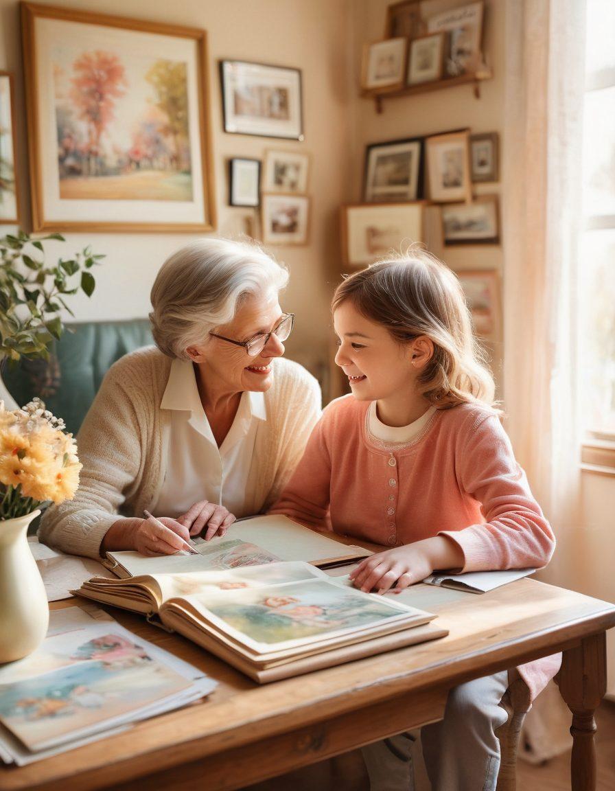 A cozy scene of a grandmother and child sharing an old photo album in a sunlit living room filled with vintage decorations. Framed memories on the walls showcase joyful moments, while soft pastel colors create a warm ambiance. The grandmother is smiling, pointing at a photo, and the child is laughing with wonder, bringing a feeling of nostalgia and sentimentality. watercolor painting. warm tones. soft focus.