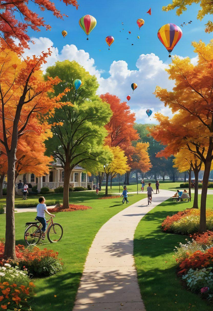 A whimsical landscape illustrating a vibrant park filled with people of all ages enjoying nostalgic activities like flying kites, riding bicycles, and playing catch. Brightly colored foliage reflects the essence of memories, while soft, ethereal clouds drift above. Elements like vintage toys and classic books scattered around enhance the theme of nostalgia. The scene radiates joy and warmth, inviting viewers to reflect on their cherished memories. vibrant colors. super-realistic.