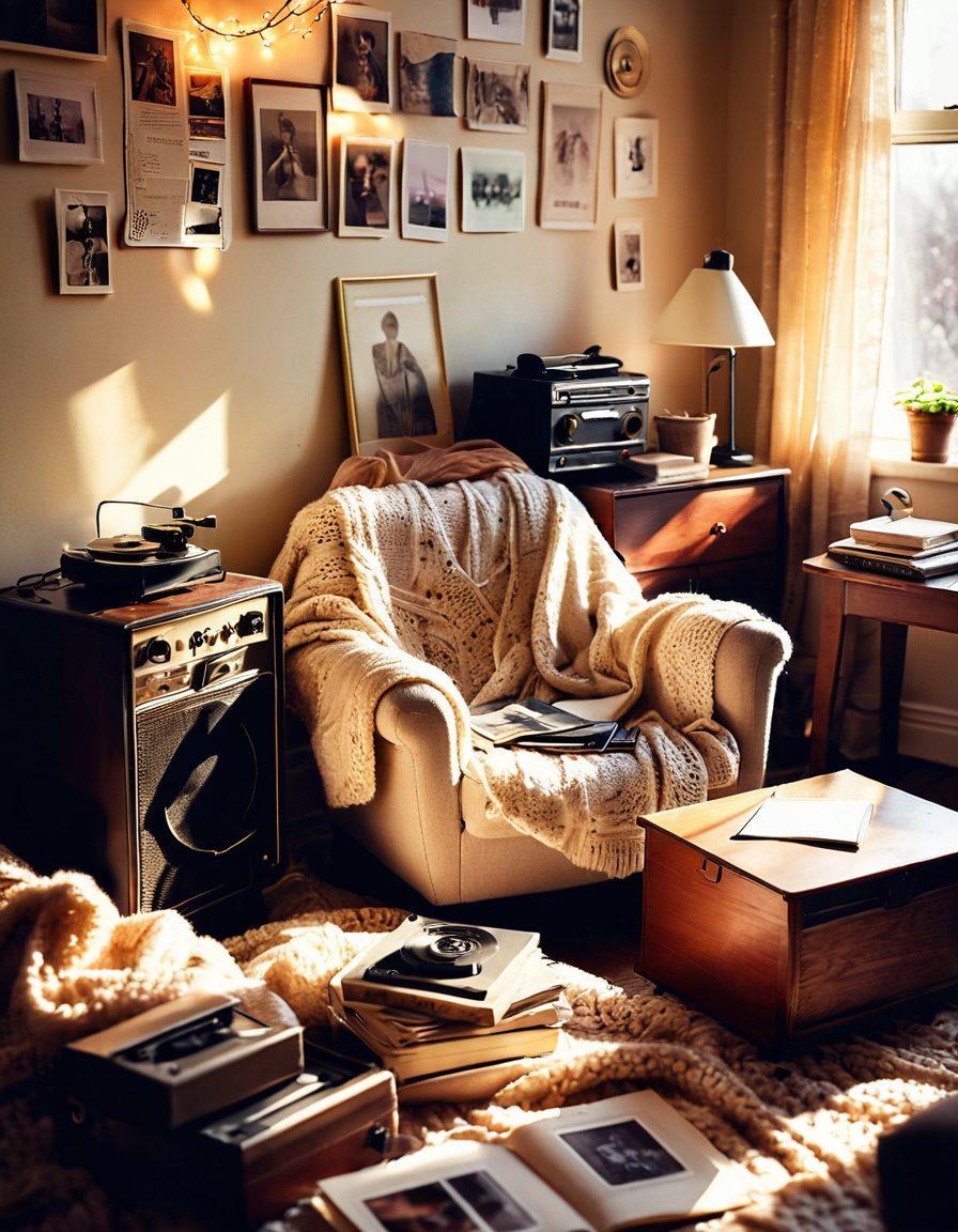 A warm, sunlit room filled with vintage items: an old record player, faded photographs, and a cozy armchair draped in a knitted blanket. A person with a soft expression reminisces while flipping through a photo album, surrounded by glowing fairy lights. Soft pastel colors evoke warmth and sentimentality, inviting viewers to embrace cherished memories. nostalgic art, soft focus, warm tones.